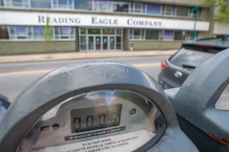 A parking meter with time expired in front of the the Reading Eagle. One qualified buyer has emerged.