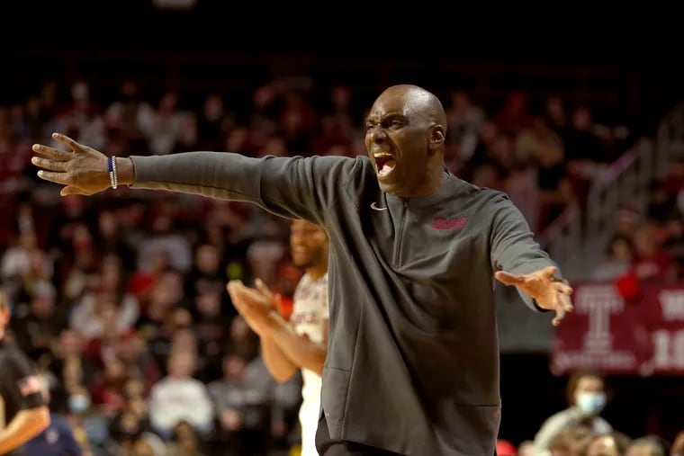 Temple coach Aaron McKie gestures during a game against Penn at the Liacouras Center on Dec. 4, 2021.