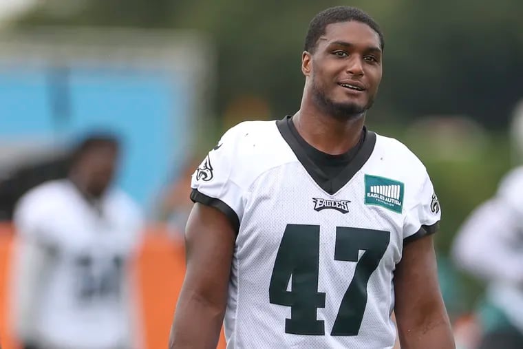 Former Eagles linebacker Myles Jack after training camp practice at the NovaCare Complex in Philadelphia on Thursday, Aug. 10, 2023.