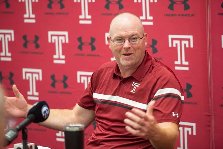 Head football coach Rod Carey addresses members of the media during a press conference at Temple's Edberg Olson Hall on Thursday.