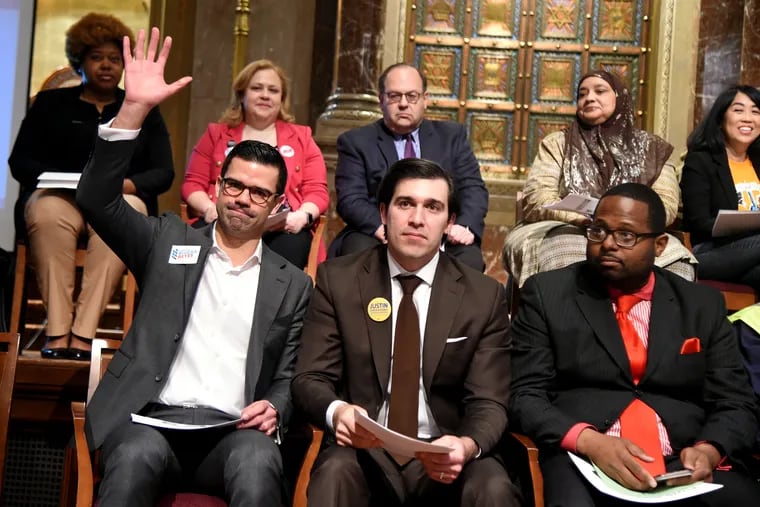 The Alliance for a Just Philadelphia hosts a forum at Congregation Rodeph Shalom March 24, 2019 for at-large City Council candidates. Back row, from left, all Democrats:  Melissa Robbins; Beth Finn; Allan Domb, incumbent;  Habeebah Ali, not on the ballot; and Helen Gym, incumbent. Front from, from left, all Democrats: Adrian Rivera Reyes; Justin DiBerardinis; and Willie Floyd Singletary.