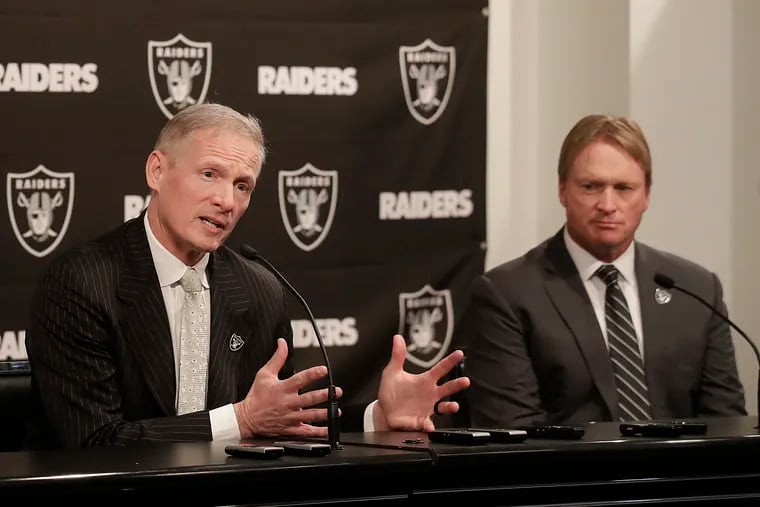 Mike Mayock was introduced as the new Raiders general manager on New Years Eve 2018. “Everything I’ve done over the last 15 years has helped me get to a point where I feel comfortable stepping in a room and talking scheme" with head coach Jon Gruden (right).