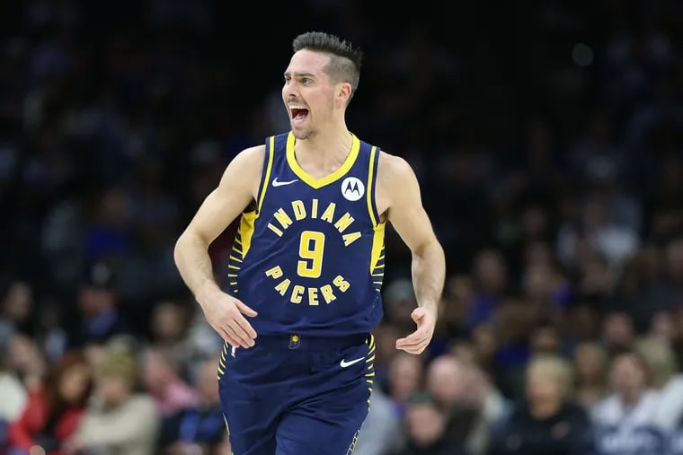 Former Sixer TJ McConnell of Indiana Pacers yells out after making a jump shot against the Sixers during the 1st half at the Wells Fargo Center on Nov. 30, 2019.