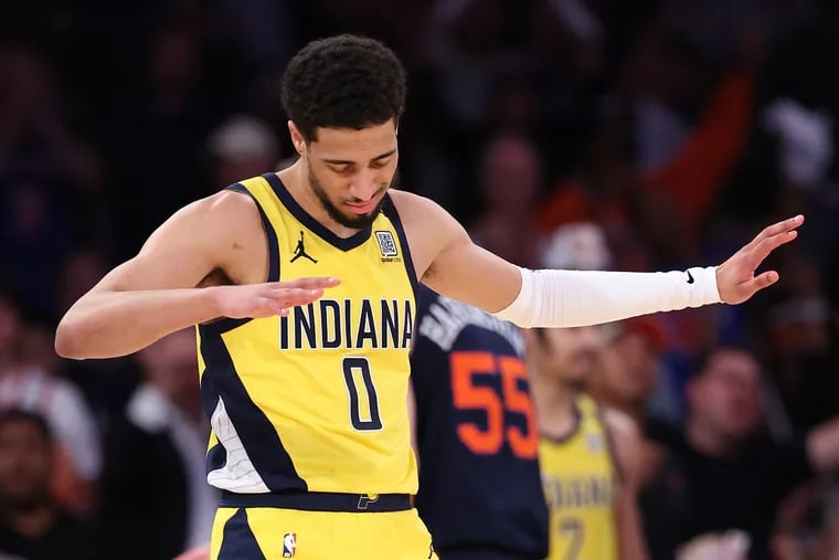 Tyrese Haliburton #0 of the Indiana Pacers reacts  during the third quarter against the New York Knicks in Game Two of the Eastern Conference Second Round Playoffs at Madison Square Garden on May 08, 2024 in New York City. (Photo by Elsa/Getty Images)