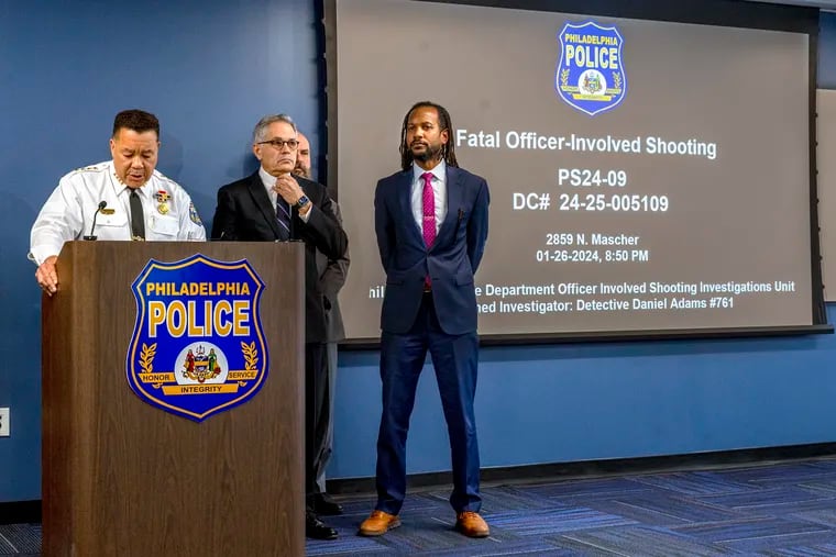 Chief Public Safety Director Adam N. Geer (right) at a news conference with Philadelphia Police Commissioner Kevin Bethel (left) and District Attorney Larry Krasner (center) last month. Geer was confirmed to his position by City Council on Monday.