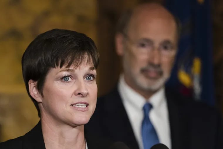 Teresa Miller, accompanied by Gov. Wolf spoke during a news conference in Harrisburg Tuesday about her nomination to lead the proposed Department of Health and Human Services.