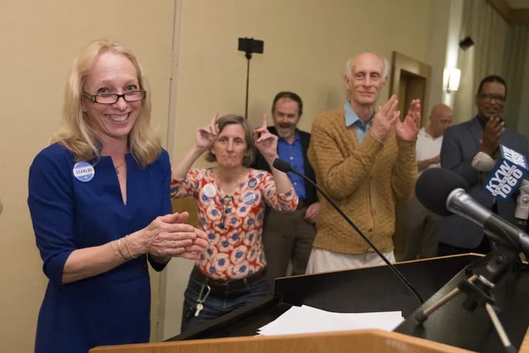 She slaughtered a Philly-labor-backed male opponent in a field in which six women vastly outdrew votes against four men: Democratic Fifth Congressional District candidate Mary Gay Scanlon makes her victory speech at the The Inn at Swarthmore on May 15, 2018.