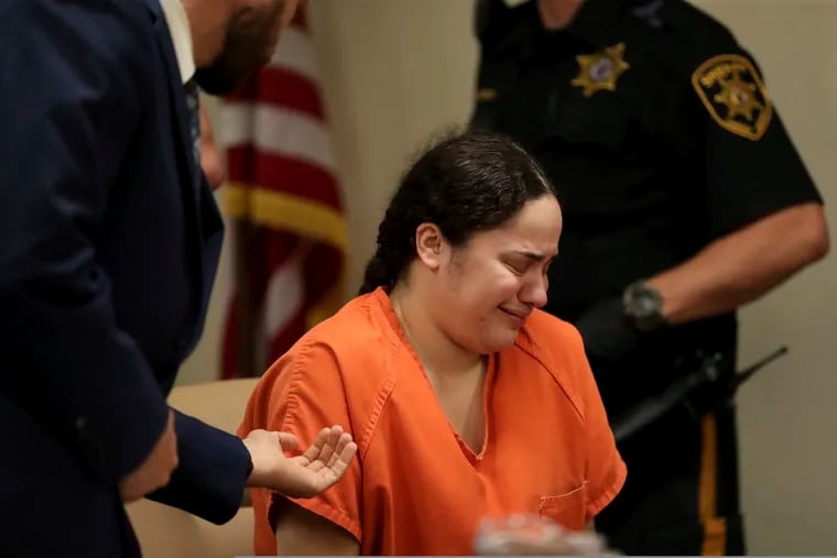 Amanda Ramirez cries during a pretrial detention hearing, Thursday, June 27, 2019, in Camden. Ramirez is charged with aggravated manslaughter in the death of her identical twin sister, Anna.