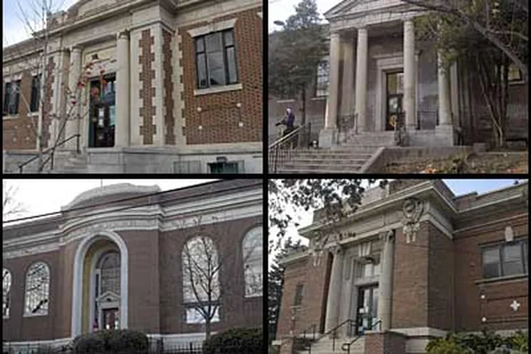 Four of the 11 libraries the city has slated for closure at the end of this month were constructed by Andrew Carnegie's library project in the early years of the last century. They include (clockwise from top left): the Kingsessing, Logan, Haddington and Holmesburg branches. (APRIL SAUL / STAFF PHOTOGRAPHER)