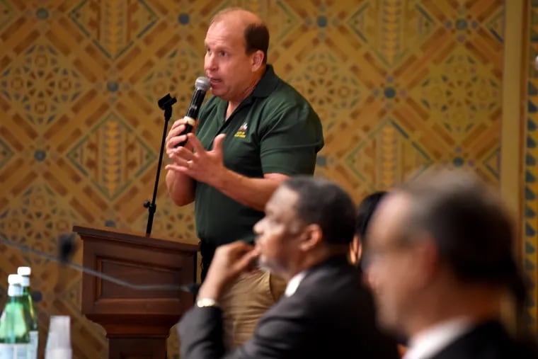 PA State Senators Daylin Leach speaks at a conference on "the intersection of faith and cannabis" at Rodeph Shalom June 2, 2019.