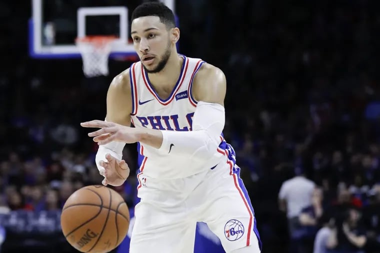 Sixers guard Ben Simmons passes the basketball against the Los Angeles Clippers on Saturday, February 10, 2018 in Philadelphia.