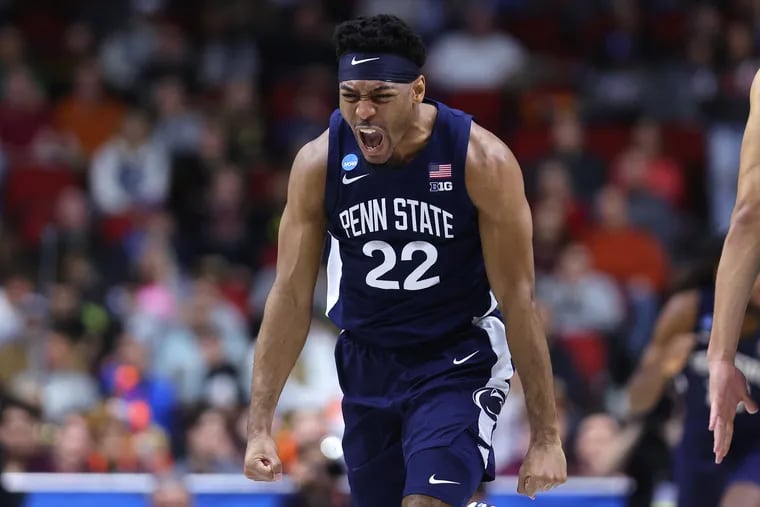 Jalen Pickett of Penn State reacts during the first half of a win against Texas A&M in the first round of the NCAA Men's Basketball Tournament at Wells Fargo Arena on March 16, 2023 in Des Moines, Iowa. (Photo by Michael Reaves/Getty Images)