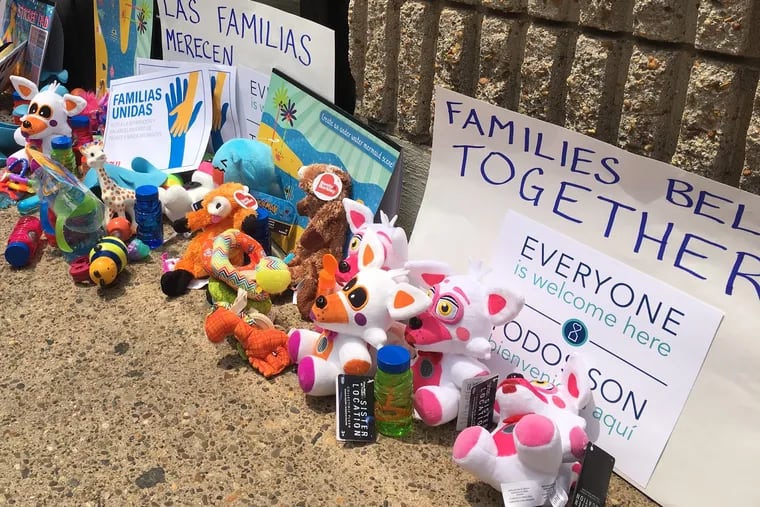 At the "Day of Action" protest outside the Center City offices of Immigration and Customs Enforcement, protesters leave children's toys, symbolizing the separation of families at the U.S. Southwest border. 