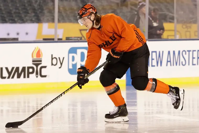 Flyers center Nolan Patrick, skating during practice at Lincoln Financial Field on Feb. 22, must pass the concussion protocol before returning to the lineup.