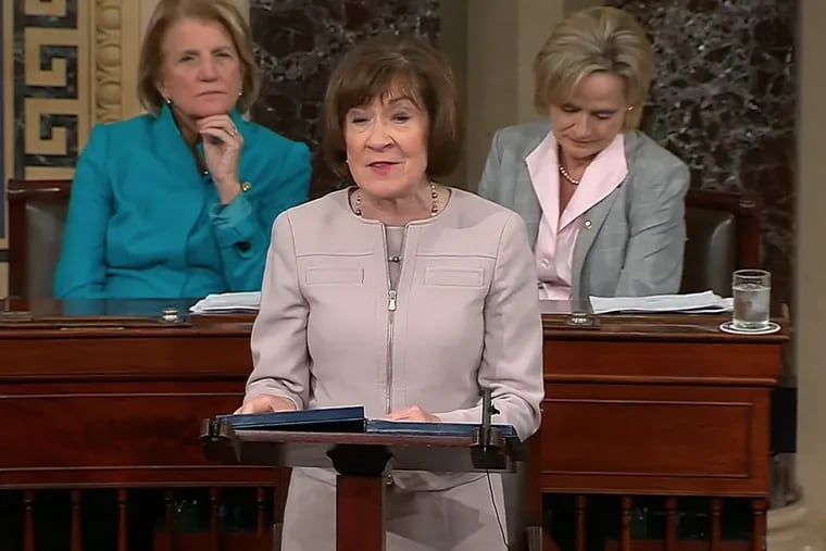 Republican Sen. Susan Collins of Maine announces her decision on Supreme Court nominee Judge Brett Kavanaugh on the floor of the Senate on Friday, Oct. 5, 2018.