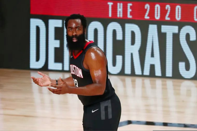 Houston Rockets guard James Harden reacts to a call during the first half of an NBA basketball game against the Los Angeles Lakers in August 2020.