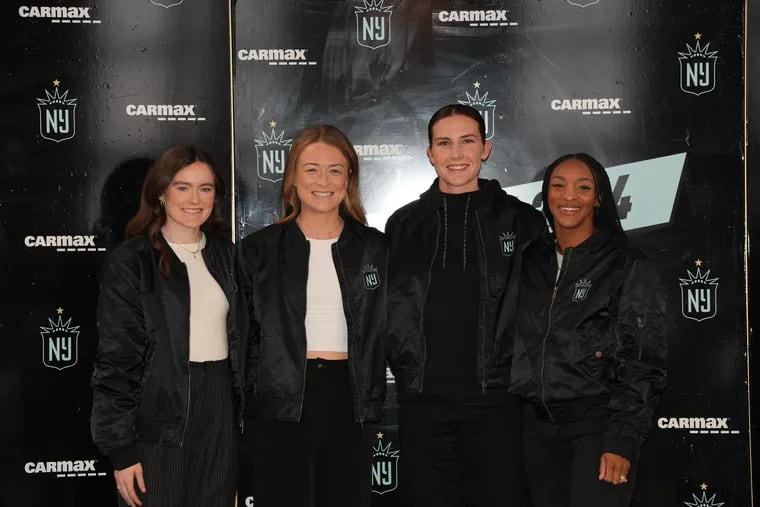 New Gotham FC players (from left to right) Rose Lavelle, Emily Sonnett, Tierna Davidson, and Crystal Dunn at their introductory news conference Friday in Manhattan.