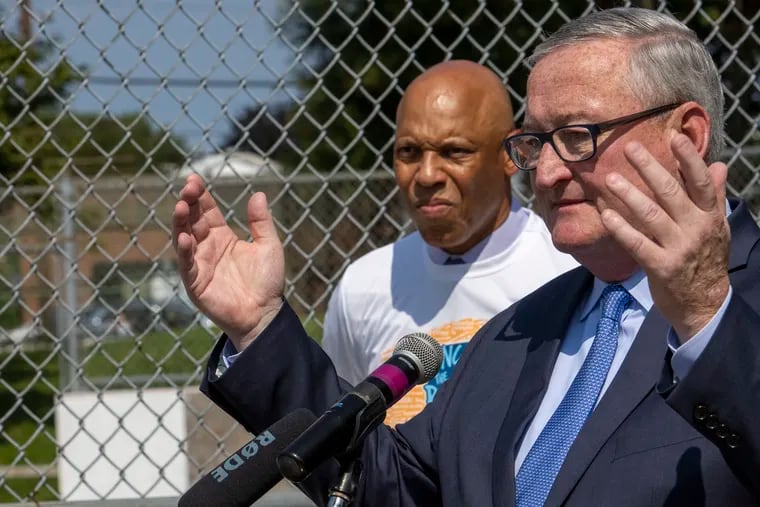 Philadelphia Mayor Jim Kenney (right) at a press conference with Superintendent William R. Hite Jr. at the Jardel Recreation Center in Northeast Philadelphia on Monday, Aug. 9, 2021.