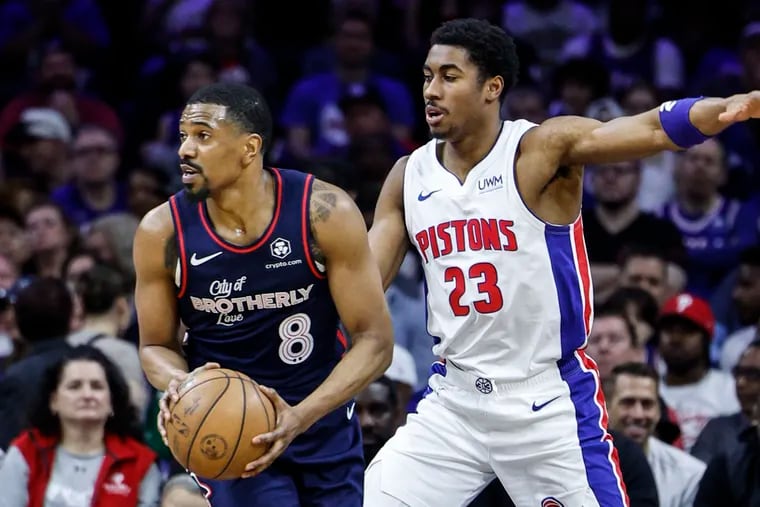 The Sixers' De’Anthony Melton, defended by the Pistons' Jaden Ivey, had five points, three rebounds, three assists, and two steals in his first game since Feb. 27.