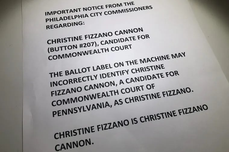 This notice is going out to Philadelphia polling places, according to the Christine Fizzano Cannon campaign.