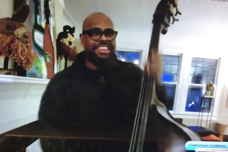 Christian McBride playing in his Montclair, N.J. living room during the Love From Philly virtual music fest on Saturday night.