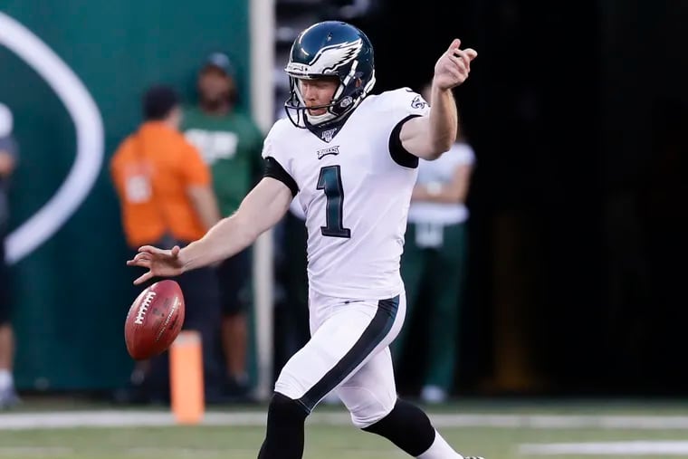Eagles punter Cameron Johnston kicks the football against the New York Jets in a preseason game Thursday, August 29, 2019 in East Rutherford, NJ.