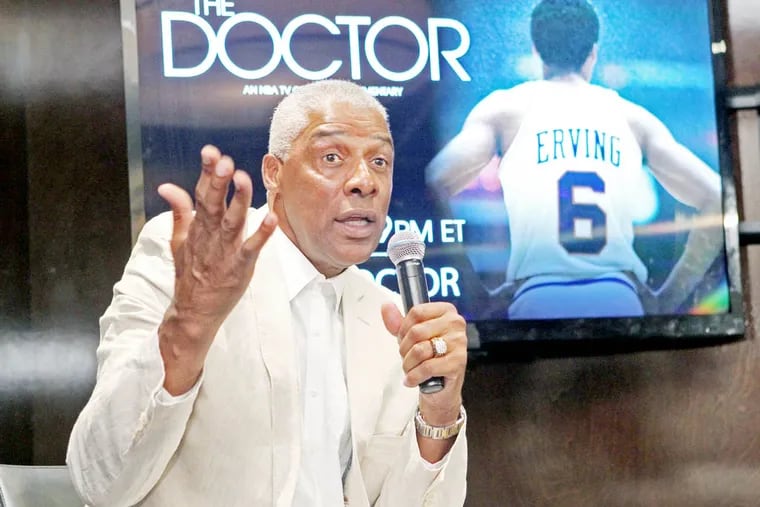 Former Sixer, Julius Erving holds a news conference before a private screening for “The Doctor,” the documentary that will air on NBA TV on June 10.  ( CHARLES FOX / Staff Photographer )