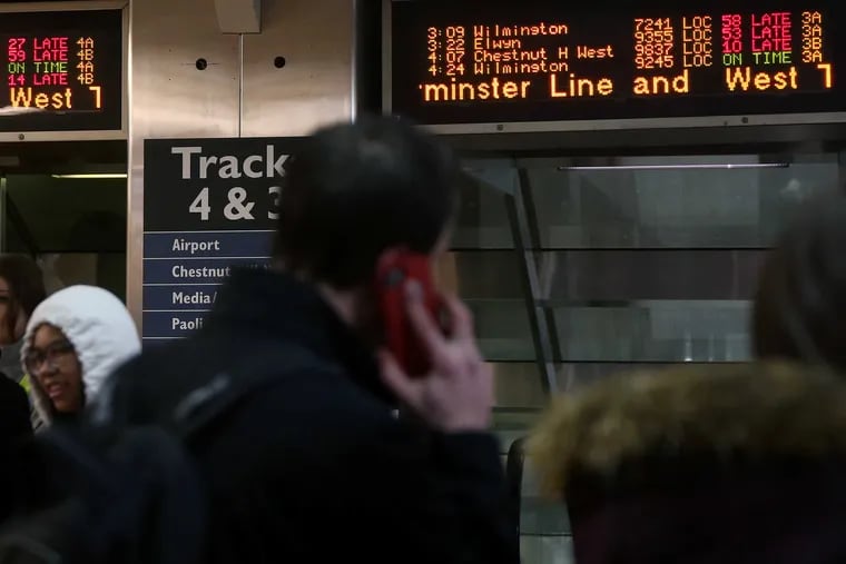 A screen shows delays for numerous SEPTA trains at Jefferson Station in Center City on Friday, March 2, 2018.