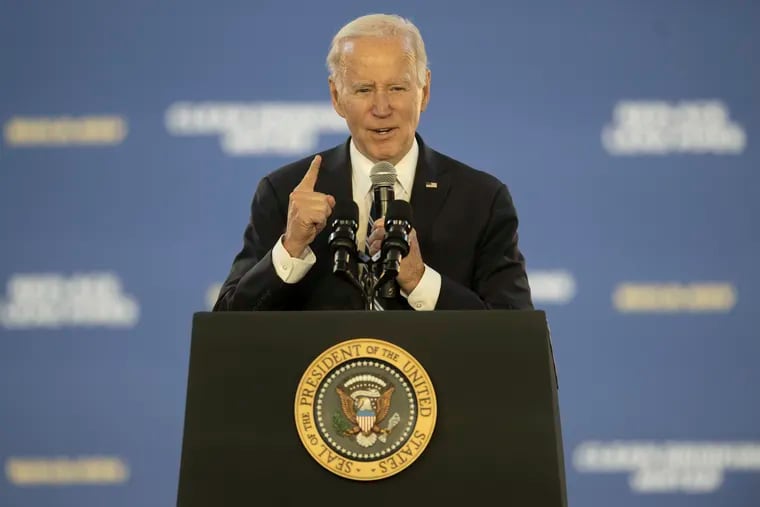 President Joe Biden speaks during a visit to the Belmont Water Treatment Plant in Philadelphia on Friday.