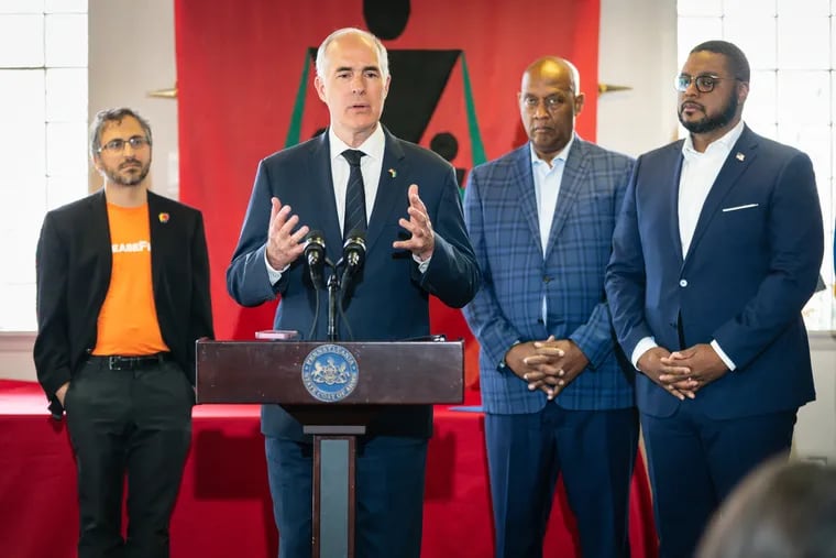 U.S. Sen. Bob Casey during a press conference to announce plans to reintroduce the Resources for Victims of Gun Violence Act. The press conference took place in West Oak Lane on June 9, 2023.