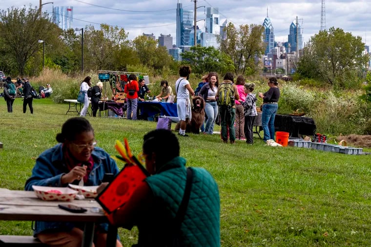 The Philadelphia skyline is the backdrop for the 13th Annual Philadelphia Indigenous Peoples Day Celebration on the meadow at Bartram’s Garden. 