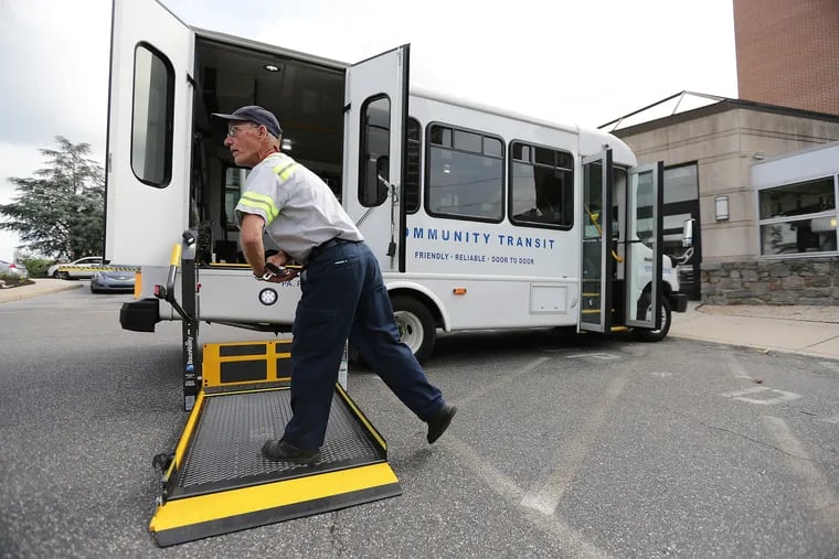 Community Transit of Delaware County driver Mike Williams Sr. prepares to pick up a passenger at Crozer-Chester Medical Center in Chester, PA on June 6, 2019.
