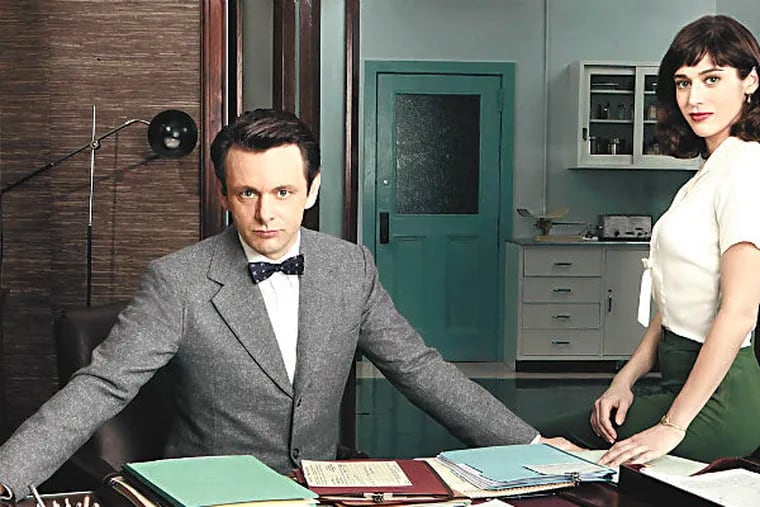 Michael Sheen as Dr. William Masters and Lizzy Caplan as Virginia Johnson in "Masters of Sex."