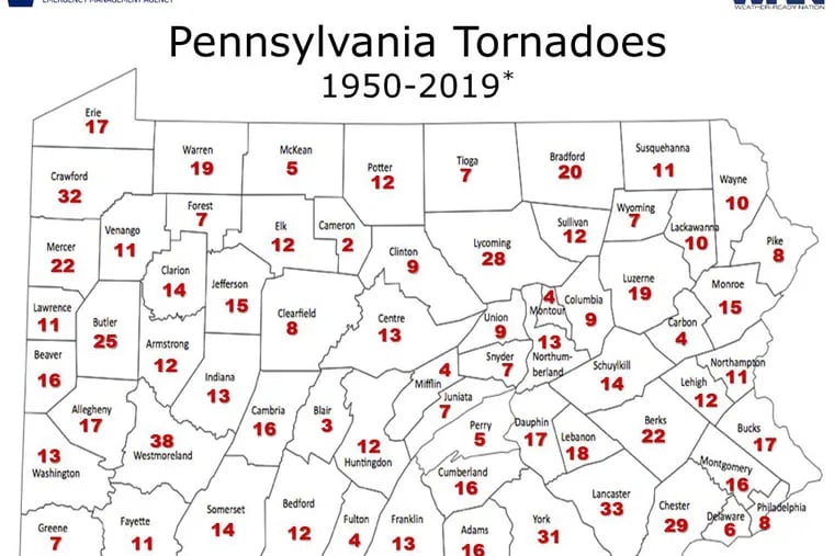 Pennsylvania tornadoes by county in the last 70 years. The state already has exceeded its annual average for twisters this year.