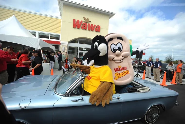 Wawa mascots Wally Goose, in the driver's seat, and Shorti, in the rear, cruise by a Wawa store. The Delaware County-based convenience store chain will celebrate Wawa Day, which marks its 59th anniversary, on Thursday.