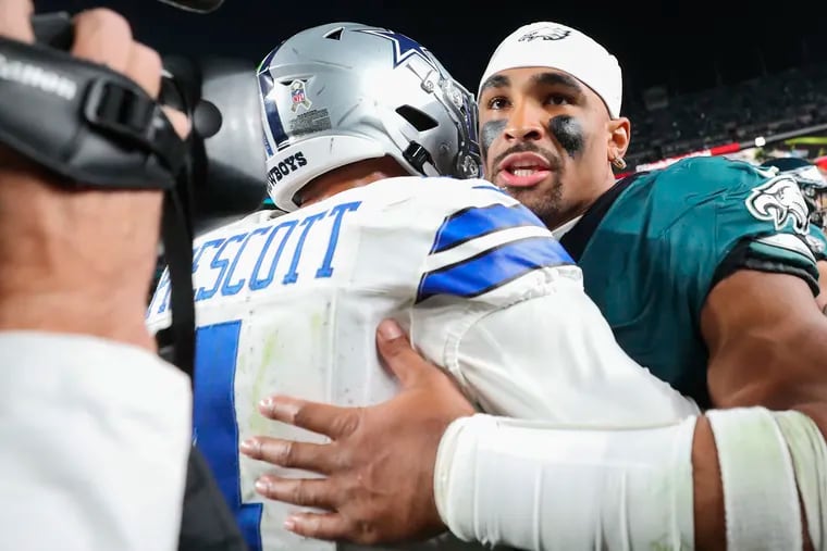 Jalen Hurts greets Dak Prescott at the end of the game at Lincoln Financial Field in Philadelphia on Sunday, Nov. 5, 2023. Eagles won, 28-23.