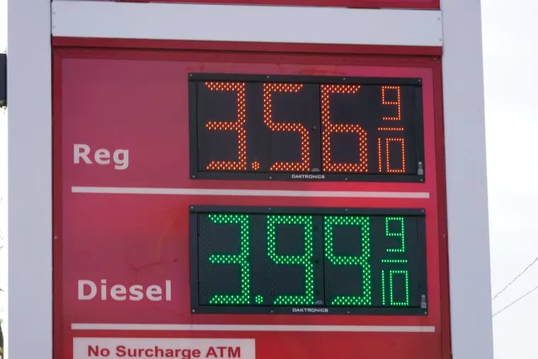 Gasoline prices are displayed at a station in Philadelphia, Wednesday, Nov. 17, 2021.  Prices for U.S. consumers jumped 6.8% in November compared with a year earlier as surging costs for food, energy, housing and other items left Americans enduring their highest annual inflation rate since 1982.