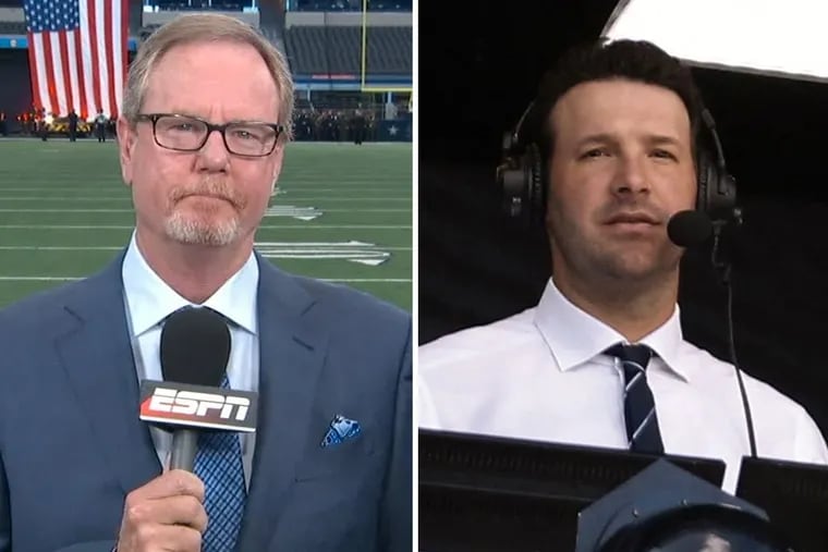 Former ESPN reporter Ed Weder (left) didn't appreciate CBS NFL analyst Tony Romo's colorful language during Sunday's AFC Wild Card match-up between the Los Angeles Chargers and the Baltimore Ravens.