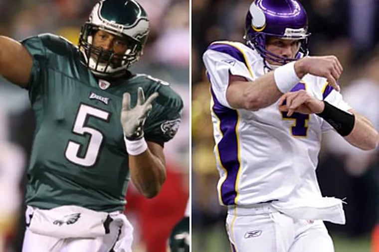 Donovan McNabb and Brett Favre have both experienced dramatic playoff failure. (Ron Cortes/Staff file photo/AP Photo/Morry Gash)