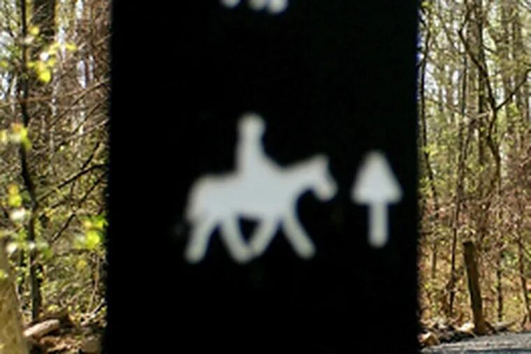 A trail marker along Fairmount Park's Forbidden Drive. (Tom Gralish / Staff File Photo)