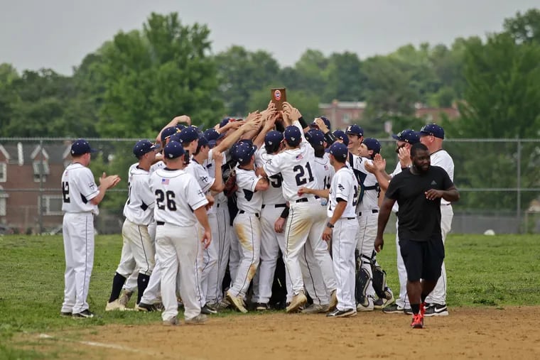 La Salle celebrates its 19-0 win over Frankford in the PIAA District 12 Class 6A baseball final. 