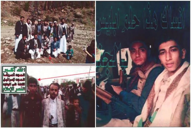 (Clockwise from top left) A photo from Gaafar Mohammed Ebrahim al-Wazer's Facebook page which investigators say depicts him standing (far right) with a rifle resting on his shoulder; another photo from al-Wazer's Facebook page which investigators say depicts him (left) next to a known Yemeni rebel fighter; another Facebook photo which investigators say depicts al-Wazer (left) with the Houthi slogan "God is great, Death to America, Death to Israel, Damn the Jews, Victory to Islam" in the top left corner.