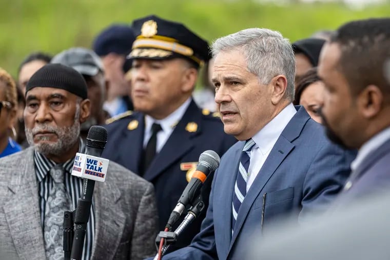 District Attorney Larry Krasner speaks in front of press and community members about the recent shooting at an Eid al-Fitr event that left three people injured in Philadelphia.