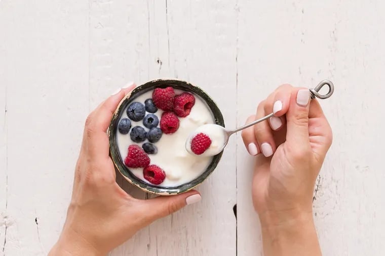 Low fat, plain Greek yogurt is very low in sugar. Add fresh blueberries or other berries but avoid fruit that comes premixed with the yogurt as it is full of sugar.