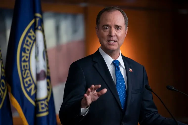 House Intelligence Committee Chairman Adam Schiff (D-Calif.) talks to reporters about the release by the White House of a memo of a call between President Donald Trump and Ukrainian President Voldymyr Zelenskiy, in which Trump is said to have pushed for Ukraine to investigate former Vice President Joe Biden and his family.