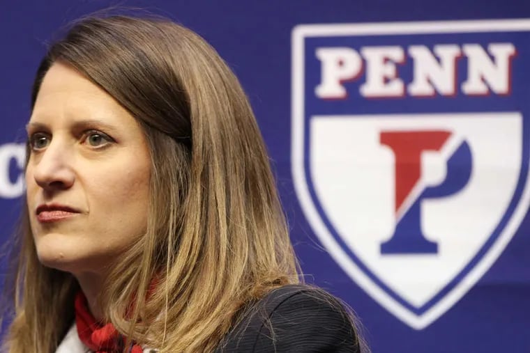 Grace Calhoun at her introductory news conference as Penn's new athletic director in 2018.