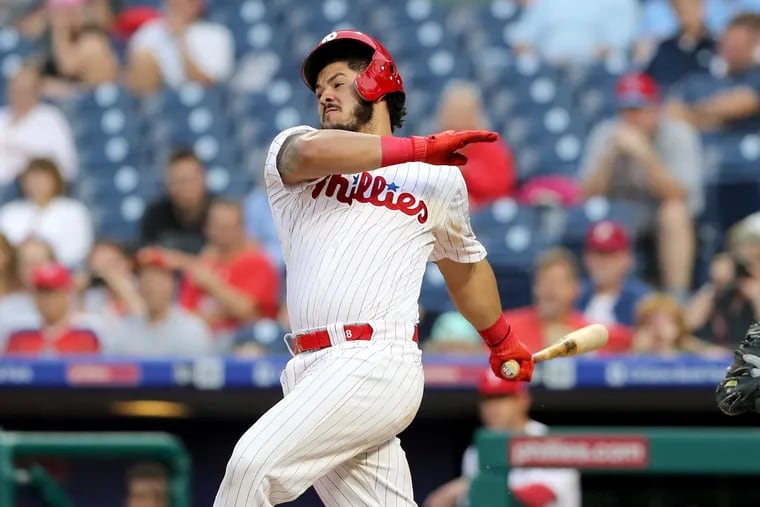 Jorge Alfaro swings and misses in the final at bat of the first game of Tuesday's doubleheader. Gabe Kapler isn't blaming his hitting coaches for the Phillies' woes at the plate.