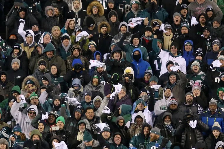 Eagles fans cheer during the second half of the Eagles playoff game against the Atlanta Falcons at Lincoln Financial Field on Saturday, Jan. 13, 2018. The Eagles won 15-10.