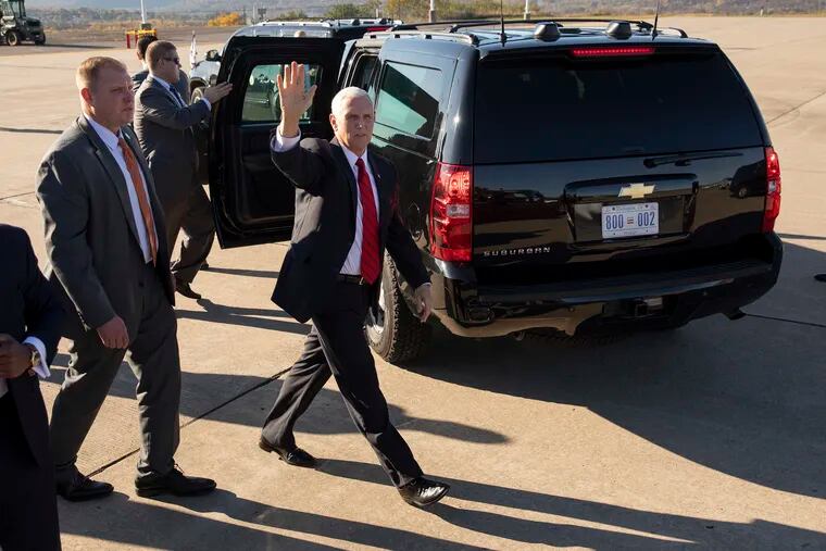 Vice President Mike Pence walks to the motorcade after greeting supporters after arriving at the Wilkes-Barre/Scranton International Airport in Pittston Township, Pa., on Monday, Oct. 21, 2019. Pence visited northeastern Pennsylvania to speak on trade at the Advanced Optics Schott North plant in nearby Duryea, Pa. (Christopher Dolan/The Times-Tribune via AP)