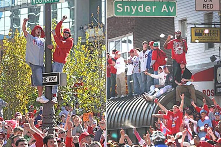 Crowds were thick from Center City into South Philadelphia during the Phillies' 2008 World Series Parade. (Clem Murray and Alejandro A. Alvarez / Staff Photographers)